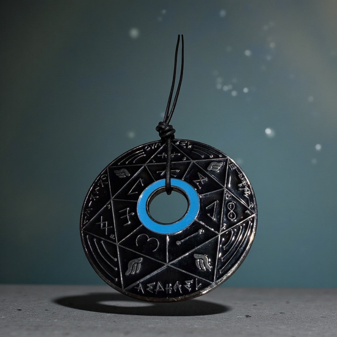 Pendentif Pentacle Kabbalistique de Verrouillage &amp; de Vérité TRINITY "Nox" Full Black &amp; Turquoise - Limited Edition