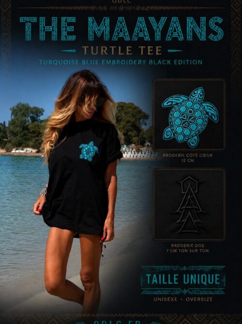 THE MAAYANS TURTLE TEE — TURQUOISE BLUE EMBROIDERY BLACK EDITION