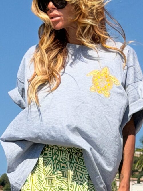 GREY MAAYANS TURTLE TEE (SOLAR YELLOW EMBROIDERY) + MAAYANS SATIN SHORT SET — JADE GREEN & SOLAR YELLOW EDITION