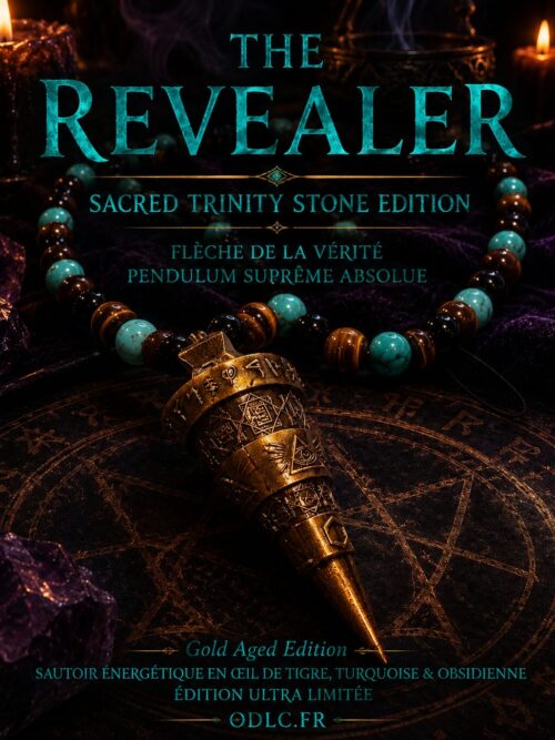 THE REVEALER —  CELUI QUI RÉVÈLE - SACRED TRINITY STONE EDITION- — LE BOUCLIER DE LA VÉRITÉ
FLÈCHE DE LA VÉRITÉ
PENDULUM SUPRÊME ABSOLUE
Gold Aged Edition • Sautoir Énergétique en Œil de Tigre, Turquoise & Obsidienne • Édition Ultra Limitée