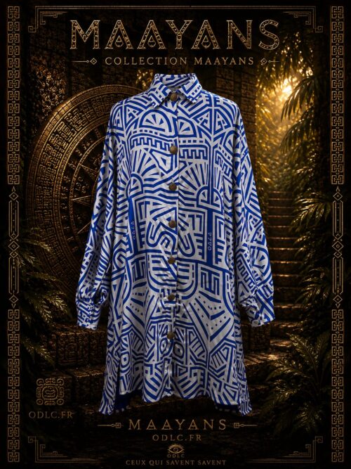 MAAYANS — DYNASTY SATIN SHIRT DRESS EDITION BLEU MYKONOS ET BLANC 
Édition Ultra Limitée — Couture Parisienne • Fait Main •