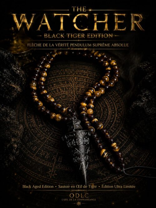 THE WATCHER — BLACK TIGER EDITION

FLÈCHE DE LA VÉRITÉ PENDULUM SUPRÊME ABSOLUE

Black Aged Edition • Sautoir en Œil de Tigre • Édition Ultra Limitée