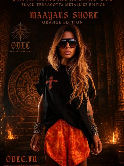 CROIX SALOMONIENNE TEE — BLACK TERRACOTTA MÉTALLISÉ EDITION + MAAYANS SHORT — ORANGE EDITION