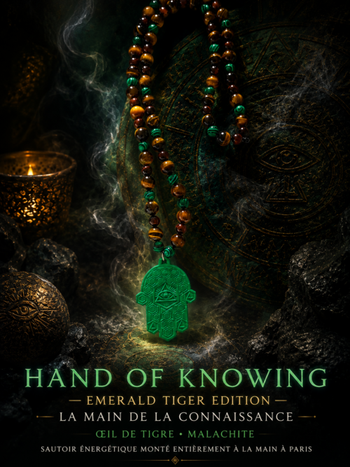 HAND OF KNOWING — EMERALD TIGER EDITION
LA MAIN DE LA CONNAISSANCE
Œil de Tigre • Malachite
Sautoir énergétique monté entièrement à la main à Paris
