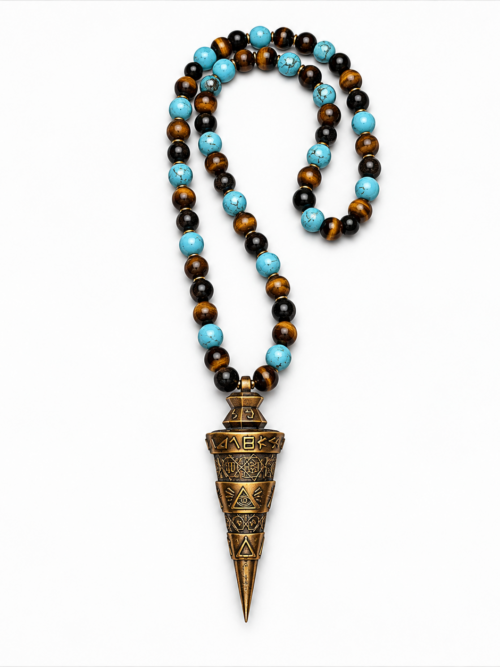 THE REVEALER — CELUI QUI RÉVÈLE - SACRED TRINITY STONE EDITION- — LE BOUCLIER DE LA VÉRITÉFLÈCHE DE LA VÉRITÉPENDULUM SUPRÊME ABSOLUEGold Aged Edition • Sautoir Énergétique en Œil de Tigre, Turquoise & Obsidienne • Édition Ultra Limitée