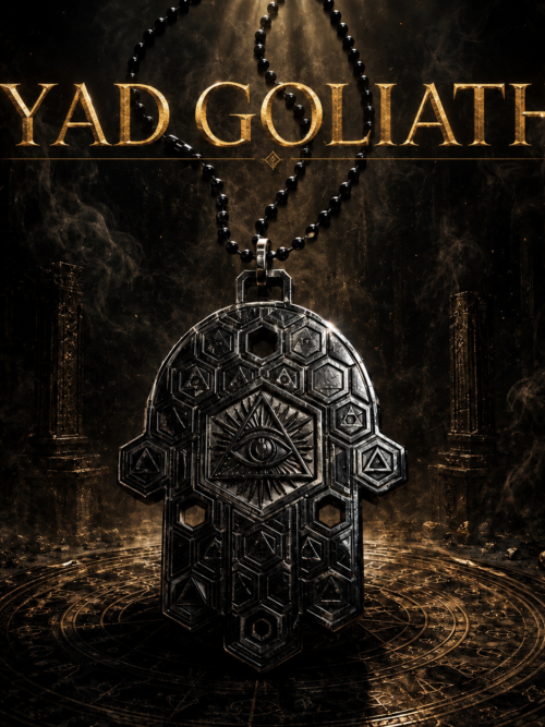 YAD GOLIATH — THE GIANT HAND LE GRAND PENTACLE DE LA MAIN DE LA CONNAISSANCE•113G BLACK AGED • FOUR GATES EDITION 8 × 5 CM • LAITON MASSIF • NOIR VIEILLI • 4 OUVERTURES TRAVERSANTES • CHAÎNE MILITAIRE NOIRE • FABRIQUÉ EN CALIFORNIE