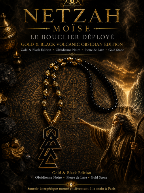 NETZAH MOISE -GOLD & BLACK VOLCANIC OBSIDIAN EDITION
LE BOUCLIER DÉPLOYÉ
Gold & Black Edition • Obsidienne Noire • Pierre de Lave • Gold Stone
Sautoir énergétique monté entièrement à la main à Paris