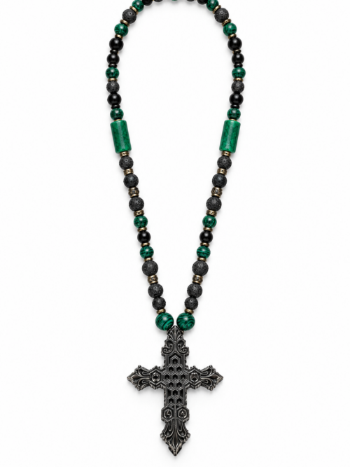 LARGE SALOMON CROSS — BLACK EDITION -
LE PENTACLE KABBALISTIQUE DES CINQ PORTES DU CIEL• Grande Croix 8 cm• lave noire •malachite•Jade•œil de tigre vert .Obsidienne noire