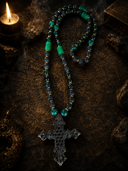 LARGE SALOMON CROSS — BLACK EDITION -
LE PENTACLE KABBALISTIQUE DES CINQ PORTES DU CIEL• Grande Croix 8 cm• lave noire •malachite•Jade•œil de tigre vert .Obsidienne noire