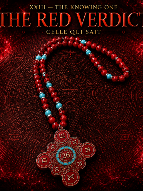 XXIII — THE KNOWING ONE — THE RED VERDICT
CELLE QUI SAIT
ADOM • GEVURAH • DIN — RED & TURQUOISE EDITION
Double Rang • Pierres Rouges Veinées • Turquoise • 26 • ODLC — Œil de la Connaissance