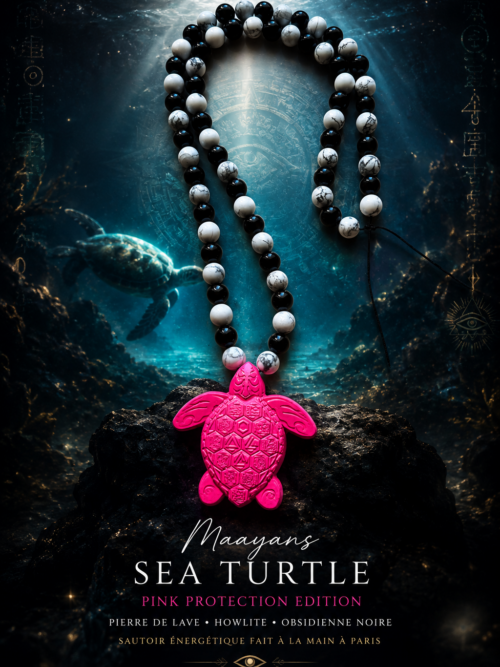 MAAYANS SEA TURTLE — PINK PROTECTION EDITION
LA GARDIENNE DES PROFONDEURS
Pink Edition • Laiton • Howlite • Obsidienne Noire