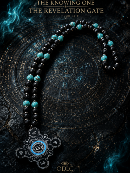 XXIII — THE KNOWING ONE — THE REVELATION GATE
CELLE QUI SAIT
EIN SOF • ABSOLUTE BLACK • VOLCANIC TURQUOISE EDITION
Double Rang • Pierre de Lave Noire • Turquoise • 26 • ODLC — Œil de la Connaissance