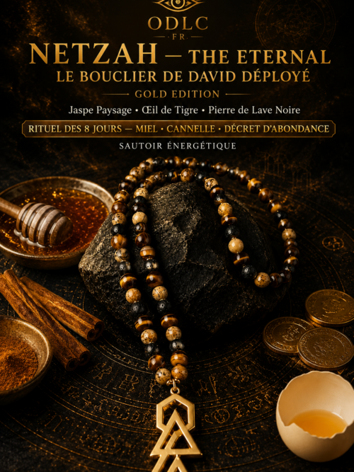 NETZAH — ETERNAL
LE BOUCLIER DE DAVID DÉPLOYÉ
GOLD EDITION
Jaspe Paysage • Œil de Tigre • Pierre de Lave Noire
Rituel des 8 Jours — Miel • Cannelle • Décret d’Abondance
Sautoir énergétique monté entièrement à la main