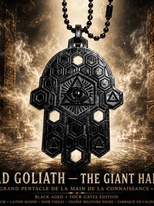 YAD GOLIATH — THE GIANT HAND
LE GRAND PENTACLE DE LA MAIN DE LA CONNAISSANCE•113G
BLACK AGED • FOUR GATES EDITION
8 × 5 CM • LAITON MASSIF • NOIR VIEILLI • 4 OUVERTURES TRAVERSANTES • CHAÎNE MILITAIRE NOIRE • FABRIQUÉ EN CALIFORNIE