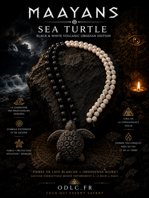 MAAYANS SEA TURTLE — BLACK & WHITE VOLCANIC OBSIDIAN EDITION
LA GARDIENNE DES PROFONDEURS
Pierre de Lave Blanche • Obsidienne Noire
Sautoir énergétique monté entièrement à la main