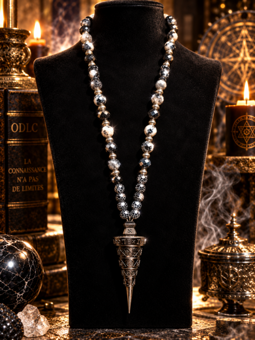 THE ANSWER
FLÈCHE DE LA VÉRITÉ — PENDULUM SUPRÊME ABSOLUE
BLACK AGED EDITION
Édition Ultra Limitée • Black Aged • 200 g • 10 cm • Alliage massif plomb & zinc • Agate Panda Facettée semi précieuses