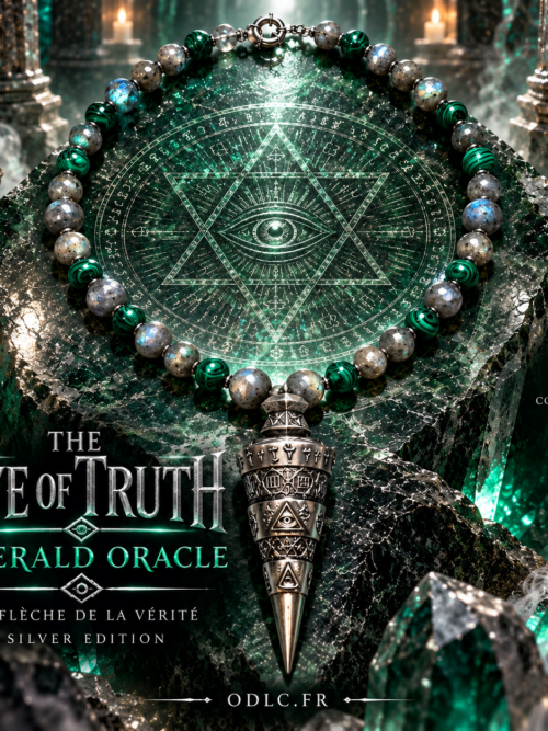 THE EYE OF TRUTH — EMERALD ORACLE
L’ŒIL DE LA VÉRITÉ — L’ORACLE D’ÉMERAUDE
SILVER EDITION • LABRADORITE • MALACHITE PENDULUM MYSTIQUE ET KABBALISTIQUE