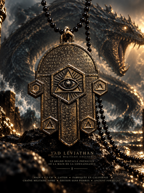 YAD LÉVIATHAN — BLACK MILITARY EDITION
LE GRAND PENTACLE PHÉNICIEN DE LA MAIN DE LA CONNAISSANCE
MAIN 8 × 5 CM • LAITON • FABRIQUÉE EN CALIFORNIE • CHAÎNE MILITAIRE NOIRE • ÉDITION SANS PIERRES • ANCIENT FORMULAS