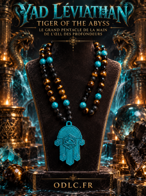 YAD LÉVIATHAN — TIGER OF THE ABYSS
LE GRAND PENTACLE DE LA MAIN DE L’ŒIL DES PROFONDEURS
MAIN 8 × 5 CM • TURQUOISE PROFOND • ŒIL DE TIGRE FACETTÉ BRILLANT • TURQUOISE • PIERRE DE LAVE NOIRE • MATRICE DES DEUX EAUX 40 — 10 — 40