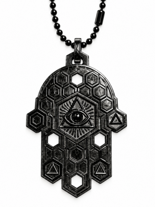 YAD GOLIATH — THE GIANT HAND
LE GRAND PENTACLE DE LA MAIN DE LA CONNAISSANCE•113G
BLACK AGED • FOUR GATES EDITION
8 × 5 CM • LAITON • NOIR VIEILLI • 4 OUVERTURES TRAVERSANTES • CHAÎNE MILITAIRE NOIRE • FABRIQUÉ EN CALIFORNIE