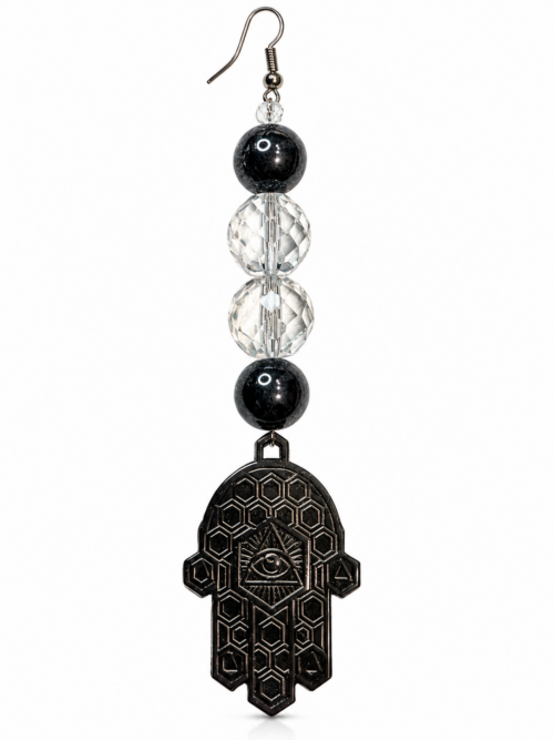 AGUIL — EYE FOR EYE — ŒIL POUR ŒIL, DENT POUR DENT — THE LAW OF RETRIBUTION — LA LOI DU TALION — BLACK & CRYSTAL EDITION — BOUCLE D’OREILLE TALISMAN — VENDUE À L’UNITÉ —